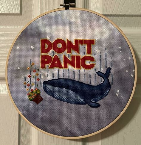 Don’t Panic Galaxy Cross Stitch, Galaxy Cross, Stained Glass Rose, Blackwork Patterns, Hitchhikers Guide To The Galaxy, Hitchhikers Guide, Needle Embroidery, Diy Embroidery Patterns, Sky Design