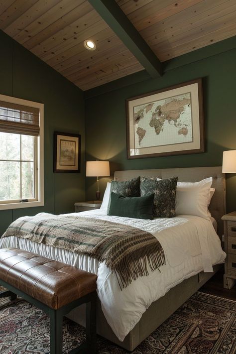 Earthy bedroom decor infuses natural elements and warm, muted tones to create a cozy and inviting ambiance that promotes relaxation and comfort. Incorporating rustic textures and organic materials can evoke a sense of connection to nature, fostering a serene and tranquil atmosphere in the bedroom. Earthy Rustic Bedroom, Scandi Rustic Interior, Army Green Bedroom, Muted Bedroom, Earth Tones Bedroom Decor, Cozy Cabin Bedrooms, Earthy Bedroom Decor, Woodsy Bedroom, Cozy Earthy Bedroom