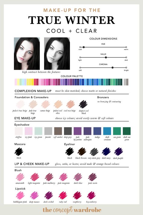 The True Winter Make-up Palette | the concept wardrobe Colour Analysis Cool Winter, Cool Clear Color Palette, Winter Colour Analysis Palette, Winter True Outfits, Winter Color Analysis Makeup, Make Up For Winter Type, Cool Winter Vs Clear Winter, Winter Clothing Palette, Cool Winter Makeup Eyes
