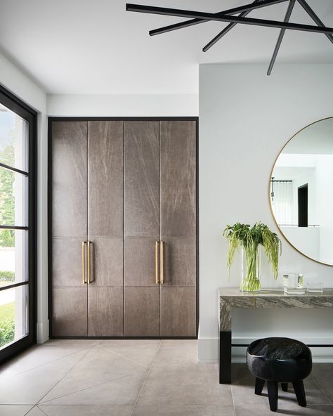 Contrast Doors, Entry Cabinet, Contemporary Closet, Velvet Lounge Chair, Modern Entry, Maximalist Design, Custom Chandelier, Metal Console, Quiet Luxury