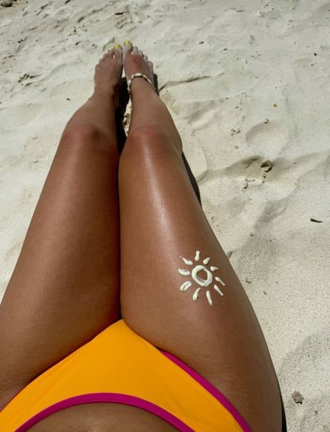 16 Aesthetic Beach Sunscreen Tattoo Design Ideas Sun Tattoo Sunscreen, Tanning Photo Ideas, Sun Tattoo Tan, Tan Inspo Summer, Sunscreen Tattoo Ideas, Sun Tan Tattoo Ideas, Summer Tanning Aesthetic, Sun Tan Tattoos, Beach Tanning Aesthetic