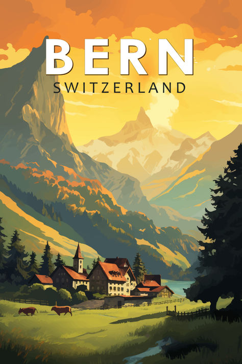 Stylized representation of Bern, Switzerland in a retro art design, accentuating the city's iconic features and historic charm. Switzerland Poster Vintage, Vintage Swiss Poster, Switzerland Art Illustrations, Switzerland Aesthetic Vintage, Switzerland Decor, Jungfrau Switzerland, Switzerland City, Switzerland Wallpaper, Switzerland Poster