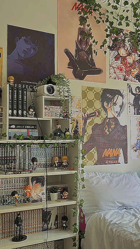 Anime Room Makeover Ideas, Manga Posters Room Decor, Manga Wall Bedroom Aesthetic, Room With Anime Posters, Nana Bedroom Aesthetic, Anime Styled Room, Ikea Bedroom Shelves, Manga Decor Room, Anime Wall Inspiration