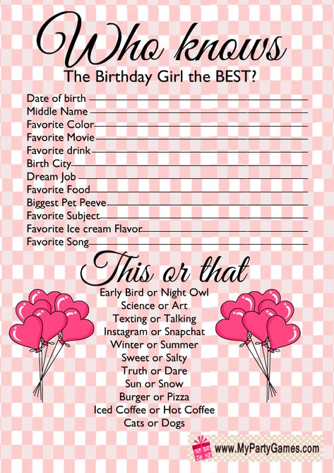 Who knows the Birthday Boy, Girl the Best? Free Printable Birthday Who Knows Me Best, 13 Birthday Activities, Who Know The Birthday Girl The Best, Things To Do For A 13th Birthday Party, Who Knows The Birthday Girl Best Game, Who Know The Birthday Girl Best, 16th Birthday Game Ideas, Do You Know The Birthday Girl, Sweet 16 Printables Free