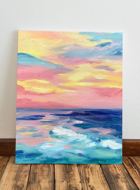 "Contact seller for custom paintings! San Diego inspired pink sunset with surfer oil painting print 11x14 prints available or custom size. Canvas Mock-up designed by: Designed by Jannoon028 / Freepik Designed by Freepik" Tropical Art Painting Acrylic, Art Final Project Ideas, Pink Painting Ideas On Canvas, Surf Art Painting, Sunset Paintings, San Diego Sunset, Canvas Painting For Beginners, Sunset Surf, Canvas For Beginners