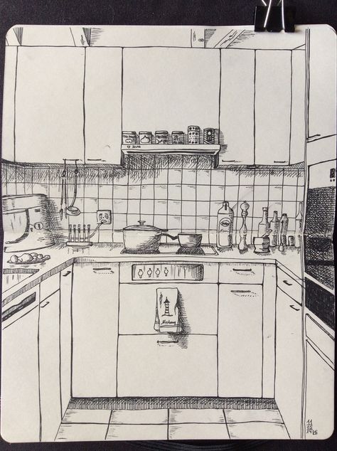 Cute Kitchen Design, Art Du Croquis, Perspective Drawing Architecture, Interior Design Sketches, Kunst Inspiration, Architecture Drawing Art, Perspective Art, Interior Sketch, Perspective Drawing