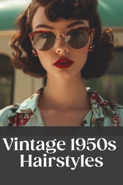 Woman in vintage 1950s attire with stylish curls and retro sunglasses. Vintage Hairstyles For Shoulder Length Hair, Retro Hairstyles For Medium Hair, Late 1950s Hairstyles, Short Hair 1950s Style, 50s Hair And Makeup 1950s, 1950s Hairstyles Short Hair, Vintage Women Hairstyles, 1950 Hairstyles Women, 50s Style Hair Short