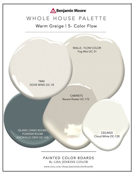 Paint Colors That Go With Gray, Balboa Mist Benjamin Moore Living Rooms, Gray White Paint Color, Best Paint Colors For Whole House, Benjamin Moore Whole House Palette, Light Gray House Exterior White Trim, Kitchen Colors For Walls White Cabinets, Revere Pewter Color Palette, Decorating Open Concept Home