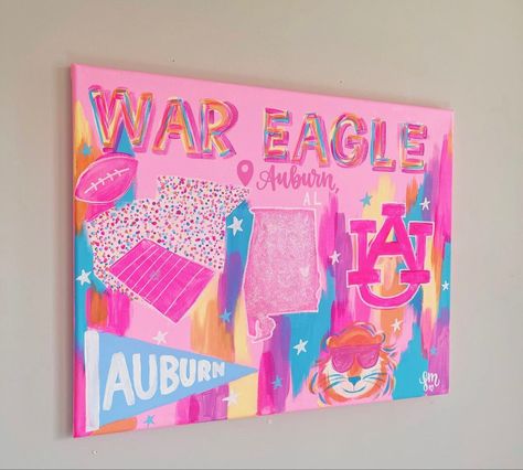 College Signs Wall Art, Auburn Preppy Art, Auburn University Painting, Canvas Dorm Decor, University Painting Ideas, Auburn Painting Preppy, Auburn Painting Canvases, College Dorm Art Canvases, University Of Alabama Painting