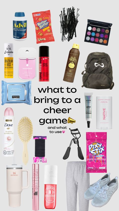 #cheer #game #preppy #inspo Game Day Packing List Cheer, Stuff To Put In Your Cheer Bag, Cheer Equipment For Home, Cheerleader Must Haves, What To Pack In A Cheer Bag, What To Pack For Cheer Practice, What To Put In Your Cheer Bag For Practice, Cheer Game Day Checklist, What To Put In Ur Cheer Bag