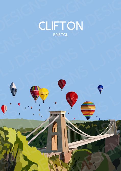 Clifton, Bristol travel print featuring the famous Suspension Bridge. This Clifton print is a great addition to any home, office space, or even as a gift or souvenir! A great way to cherish a fond memory or location! All illustrations are hand designed digitally by me and are printed on high quality glossy paper. The Clifton print is available in multiple sizes and formats including; postcard, A5, A4 and A3 as well as coasters. Why not partner it up with one of our other travel prints like the L Clifton Suspension Bridge Art, Bristol Tattoo, Clifton Bristol, Bridge Art, Suspension Bridge, Landscape Illustration, Home Office Space, Wales England, Pottery Painting