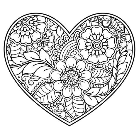 Mehndi Flower, Henna Drawings, Coloring Pages For Grown Ups, Mandala Floral, Heart Coloring Pages, Free Adult Coloring Pages, Coloring Pages For Boys, Valentines Day Greetings, Pattern Tattoo