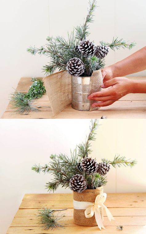 Snowy Tree Winter & Christmas DIY Table Decoration {in 20 Minutes!} Diy Winter Arrangements, Burlap Christmas Decorations Diy, Pinecone Christmas Centerpiece, Diy Christmas Party Table Centerpieces, Egg Crate Christmas Crafts, Christmas Craft Paper Ideas, Winter Floral Arrangements Diy, January Winter Crafts For Adults, Pinecone Table Decor