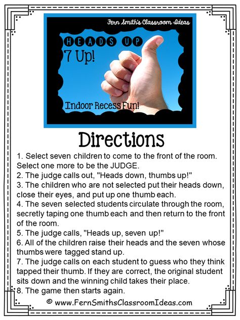 Photo of Fern Smith's Classroom Ideas ~ Indoor Recess ~ Heads Up 7-Up Directions Heads Up 7 Up, Heads Up 7 Up Game, Heads Up Seven Up, Afterschool Room Ideas, Games Like Heads Up 7 Up, Inside Recess Ideas, Indoor Recess Ideas Elementary, Recess Games Elementary, Boom Clap Snatch Game