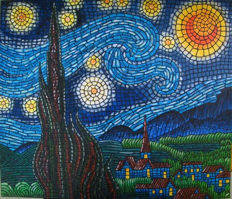 Starry Night Mosaic Pattern, Mosaic Painting Ideas, Easy Mosaic Art, Mosaic Art Ideas Easy, Starry Night Mosaic, Easy Mosaic Patterns, Mosaic Art Painting, Mosaic Art Ideas, Mosaic Easy