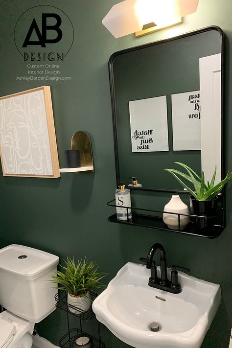 Green Main Bathroom, Matte Green Paint, Dark Green Shower Room, Emerald Green Accent Wall Bathroom, Forest Green And Grey Bathroom, Dark Green And Black Bathroom Ideas, Forest Green Half Bathroom, Card Room Green Bathroom, Green Bathroom Black Vanity