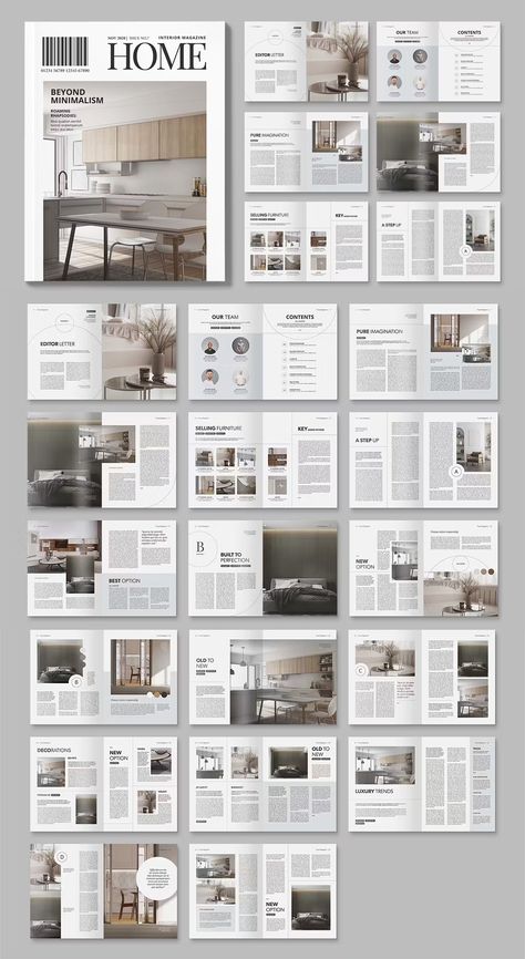 Interior Design Magazine Template InDesign INDD Elegant Layout Magazine, Indesign Layout Interior Design, Simple Magazine Layout Design, Magazine Cover Interior Design, Indesign Templates Architecture, Magazine Lay Out Design, House Magazine Layout, Portfolio Layout Interior Design, Home Magazine Design