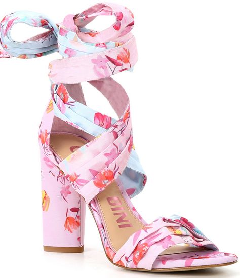 From Gianni Bini, the Astraahh Floral Print Ankle Wrap Sandals feature:Fabric upperPadded memory foam sockAnkle wrap closureFabric liningReconstituted leather/rubber outsoleApprox 3.9" heel heightImported. Hoco Heels, Bright Colored Heels, Wrap Around Heels, Homecoming Shoes, Colorful Heels, Floral Heels, Fun Heels, Flower Shoes, Sandals Outfit