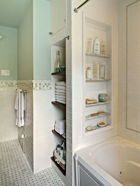 These Top 10 ideas are for those who want to use every possible bit of space. It doesn't matter if you have big or small one because we've compiled a ton of great  bathroom organization ideas for every kind of bathroom! #Bathroom #Organizing White Subway Tile Shower, Makeover Kamar Mandi, Ideas Baños, Bathtub Surround, Decor Baie, Small Bathroom Diy, Shower Storage, Bathroom Design Trends, Shower Niche