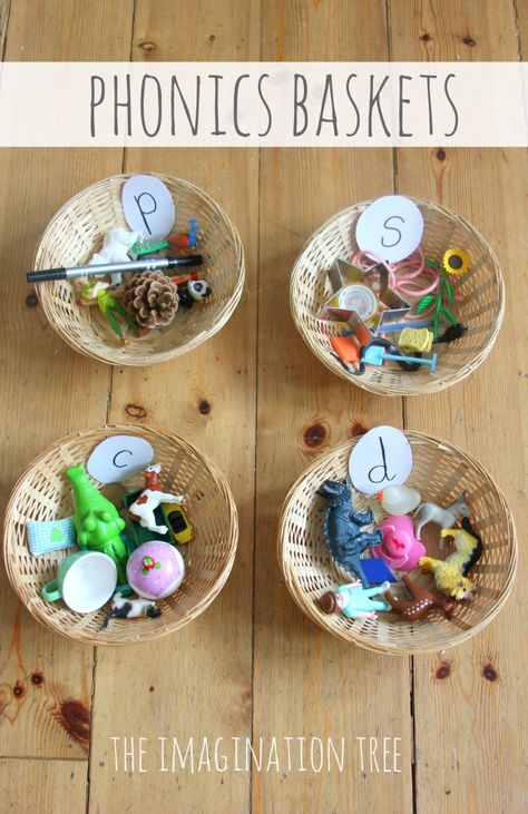 Phonics/Alphabet Baskets Sorting Activity- for independent practice station or reading station Fun Phonics Activities, Maluchy Montessori, Imagination Tree, Eyfs Activities, Jolly Phonics, Phonics Games, Preschool Literacy, Letter Activities, Teaching Phonics