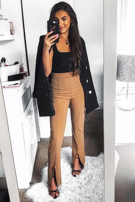 Camel Split Front Flared Trousers - Florie – Rebellious Fashion Flared Trousers Outfit, High Waisted Pant, Trouser Outfit, Flared Trousers, Fun Pants, Cute Blouses, Flare Trousers, Khaki Green, High Waisted Pants