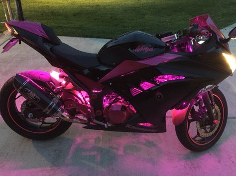 Pink Ninja 300 woman's  motorcycle Motorbike Kawasaki Ninja, Light Up Motorcycle, Pink Ninja Kawasaki, Pink Ninja Motorcycle, Pink Kawasaki Ninja 300, Motorcycle With Lights, Pink Kawasaki Ninja 400, Cool Motorcycle Helmets For Women, Street Bikes For Women