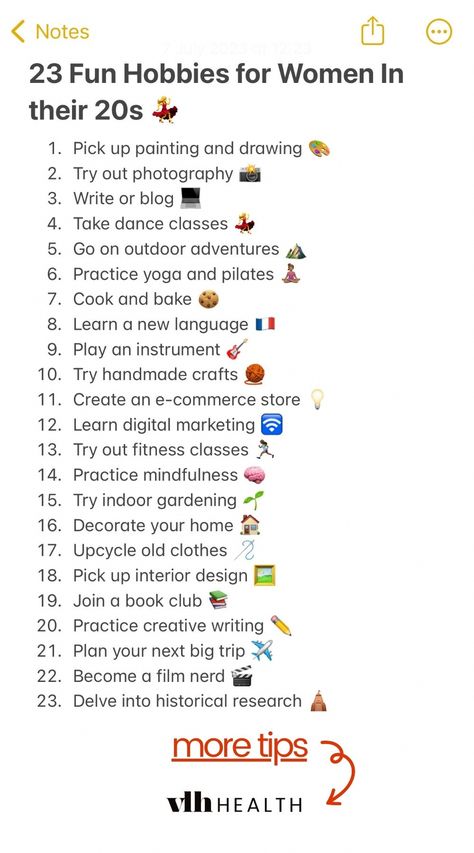 ������ Explore 23 Exciting Hobbies for Women in Their 20s ������ Discover a world of creativity, fitness, and personal growth with our curated list of engaging activities. From painting to travel planning, unleash your passions and thrive in your 20s! ������������������ #hobbies #hobbiesforwomen #hobbiestotry #hobbyideas #FoodAndHealthTips To Learn List, Hobbies And Activities, Learn New Hobbies, Skill To Learn In Your 20s, Social Hobbies For Women, Lists Of Hobbies, Hobbies For 2024, How To Find A Passion, Fun Skills To Learn In Your 20s