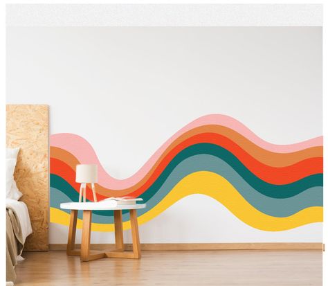 Elevate your home decor with our Wavy Retro Stripe Wall Decal.  a perfect choice for adding a touch of playful nostalgia and contemporary style to your living space. These eye-catching decals feature a dynamic wavy stripe design that instantly draws the eye and infuses your walls with a burst of color and energy. {Material} Our decals are printed on premium peel-and-stick fabric material. This ensures durability and easy application. Surface Compatibility: Our decals adhere best to smooth surfac Fun Wall Decals, Colorful Mountain Mural, Colorful Bedroom Mural, Nursery Stickers Wall, Retro Wall Painting, Retro Wall Murals Painted, Rainbow Wall Painting Ideas, Retro Wall Painting Ideas, Painted Classroom Walls