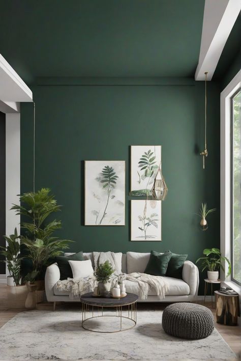 living room painting,home decor ideas,interior design services,wall paint colors,room paint ideas,house interior design,paint color palette Green Walls White Floor, Living Room Designs Emerald Green, Green Themed Living Room Ideas, Green Gray And White Living Room, Accent Green Wall Living Room, Emerald Walls Living Room, Wall Colour Inspiration, Hunter Green Living Room Walls, Living Room Paint Combinations