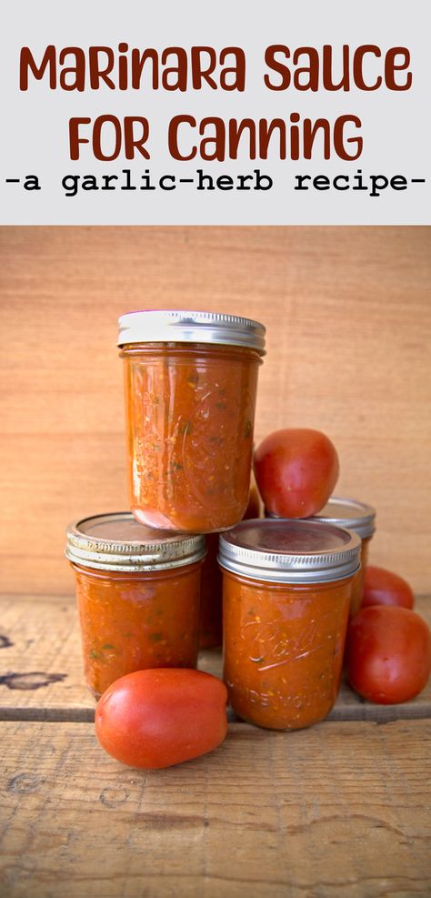 A recipe for canning a garlic & herb marinara sauce Canning Tomatoe Sauce Water Bath, Best Tomato Sauce For Canning, Water Bath Tomato Sauce, Canning Marinara Sauce Water Bath, Water Bath Canning Marinara Sauce, Water Bath Canning Pasta Sauce, Canning Roma Tomatoes Marinara Sauce, Home Canned Marinara Sauce, Canning Tomato Sauce Water Bath