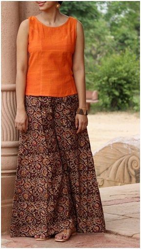 Casual Wear Must Haves for Every Indian Girl’s Closet - Megha Shop Couture, Kalamkari Palazzo Pants, Flared Plazo With Top, Palazo Top Outfits, Pallazo Suits Indian Casual, Palazzo And Top Casual, Kalamkari Skirt And Top, Palazzo With Top, Cotton Palazzo Pants