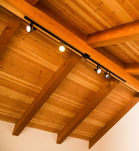 Beam Lighting Ideas Ceilings, Wood Floor Ceiling, Orange Wood Ceiling, Wooden Ceiling Lighting Ideas, Lights For Vaulted Ceiling, Lighting For Vaulted Ceilings, Attic Lights, Attic Lighting Ideas, Exposed Basement Ceiling