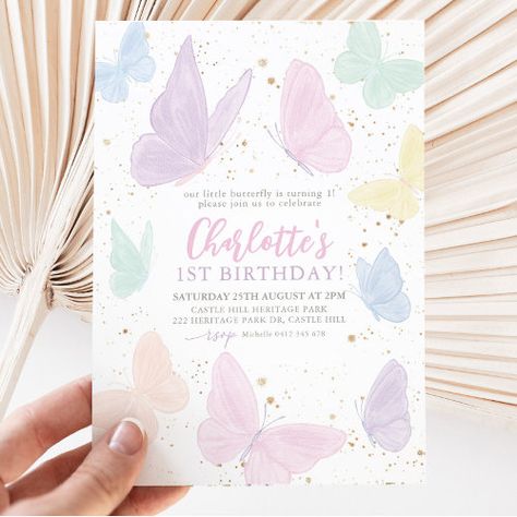 Our Little Butterfly Girl Pastel Rainbow Birthday Invitation #zazzle #weddinginvitations #birthdayinvitations #babyshowerinvitations #zazzleinvitations #monogram #businesscards #graduation #homedecor Pastel Rainbow Birthday, Butterfly 1st Birthday, Butterfly Themed Birthday Party, Butterfly Birthday Theme, Butterfly Birthday Invitations, 1st Birthday Invite, Butterfly Invitations, Rainbow Birthday Invitations, Rainbow Butterflies