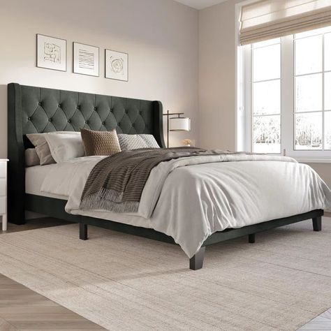 Adelfina Corduroy Upholstered Bed curated on LTK Charcoal Upholstered Bed, Grey Headboard, Bed Metal, Bed Color, Wingback Bed, Bed Upholstered, Wingback Headboard, Upholstered Panel Bed, Bedroom Style