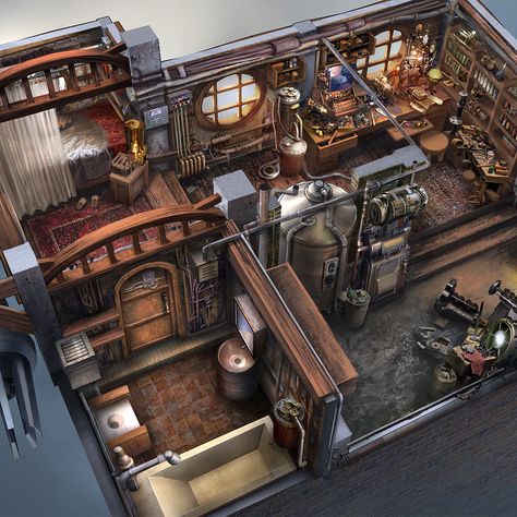 Steampunk Bedroom Concept Art, Steampunk Architecture Interiors, Inventor Workshop Concept Art, Steampunk Train Interior, Steampunk Interior Concept Art, Steam Punk Interior Design, Conseptioal Art, Steampunk House Concept Art, Steam Punk Interior