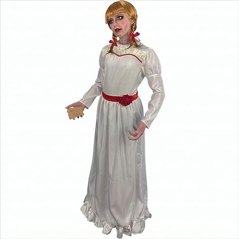 Trick Or Treat Studios The Conjuring Annabelle Adult Costume Annabelle Halloween Costume, Annabelle Costume, Annabelle Halloween, The Conjuring Annabelle, Horror Movie Costumes, Red Hair Ribbon, Blood Red Hair, Happy Expression, Horror Doll