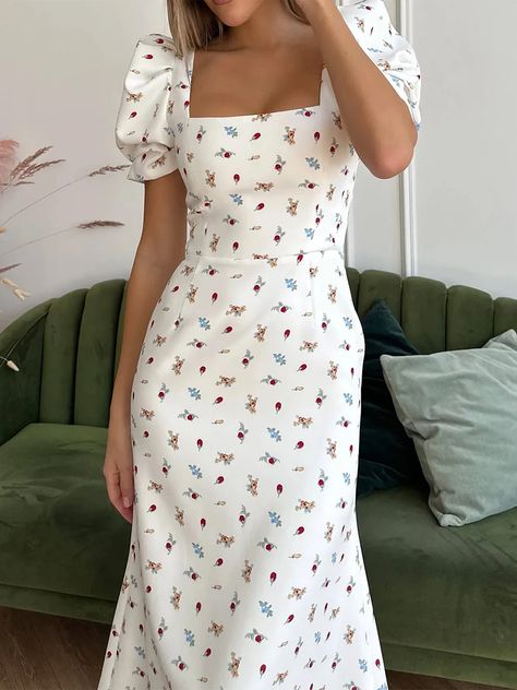 New Fashion Womens Summer Midi Dress Casual Short Puff Sleeve Floral Print A-Line Dress Elegant Flowy Dress Hot Sale S M L Womens Summer Midi Dresses, Summer Profile, Dress Casual Short, Collar Model, Summer Midi Dress, Bohemian Chic Fashion, Midi Length Skirts, Midi Dress Casual, Midi Dress Summer