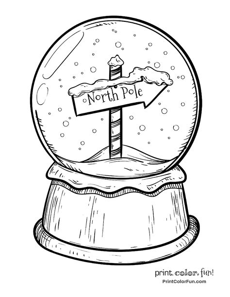 Download and print your page here! Globe Drawing, Xmas Drawing, North Pole Sign, Christmas Sketch, Pole Sign, Christmas Snow Globe, Christmas Doodles, Christmas Snow Globes, Christmas Drawing