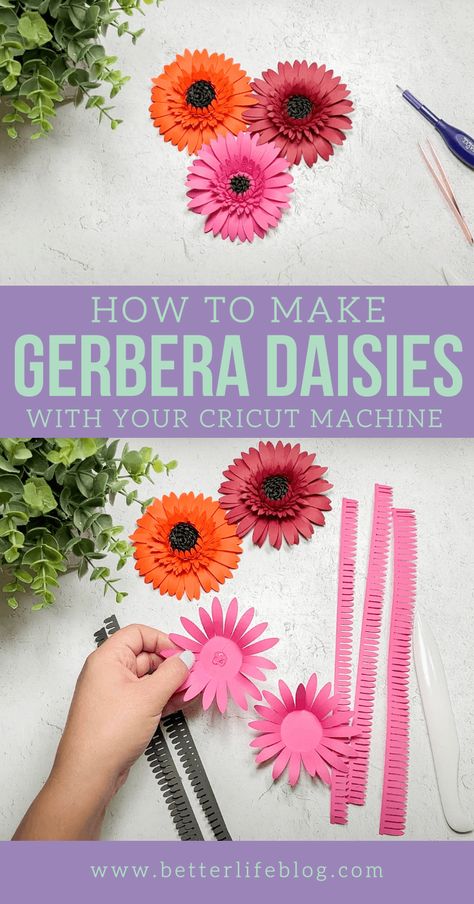 Beautiful Paper Gerbera Daisies – How to Make Cricut Paper Flowers￼ - Better Life Blog Orange Paper Craft, Diy Paper Flower Wall, Paper Flower Designs, Rolled Paper Flowers, Bouquet Tutorial, Paper Daisy, Projets Cricut, Paper Flower Decor, Paper Flower Crafts