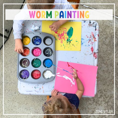 Worm Painting Activity for Preschoolers Insect Week Preschool Activities, Bug Art Activities Preschool, Worm Activities For Toddlers, Worm Preschool Activities, Bug Theme Activities, Worm Activities For Kids, Worm Activities For Preschool, Bugs Activities For Preschool, Preschool Worms