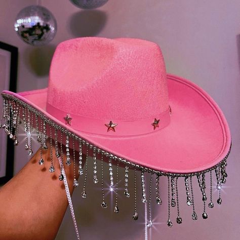 Disco babes pink cowboy hat with diamond trim. - Depop Karol G Cowboy Hat, Diy Barbie Cowboy Hat, Taylor Cowboy Hat, Sparkly Cowboy Outfit, Disco Cowgirl Hats, Diy Pink Cowboy Hat, Cowgirl Pink Hat, Pink Sparkly Cowboy Hat, Barbie Cowboy Hat