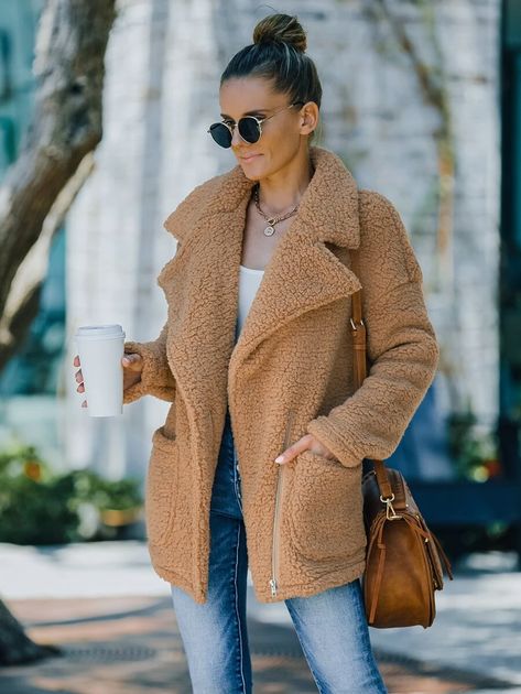 Dual Pockets Zip-up Teddy Coat | SHEIN USA Shaggy Jacket, Long Cardigan Coat, Long Blazer Jacket, Fuzzy Coat, Winter Outwear, Teddy Jacket, Teddy Coat, Long Blazer, Outwear Jackets