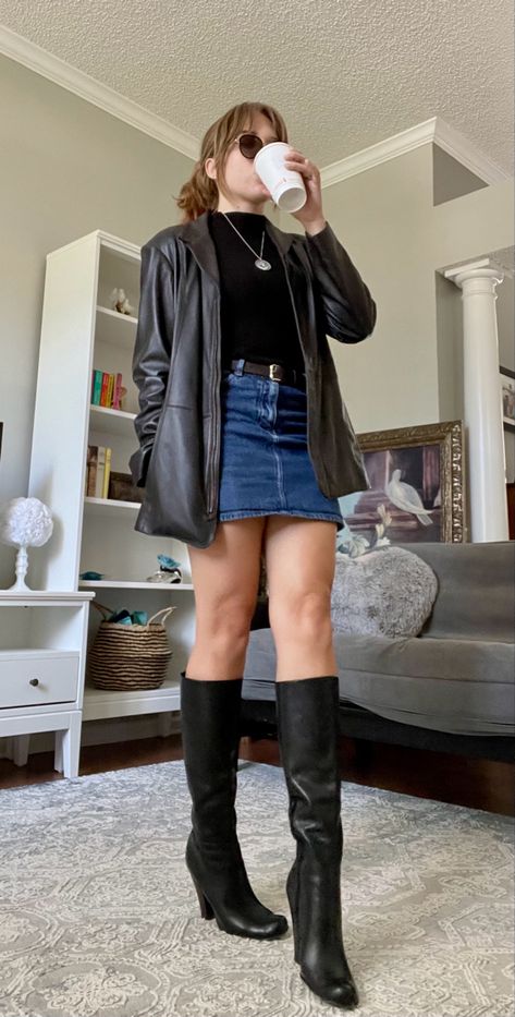 Fall High Boots Outfit, Outfit Ideas With High Boots, Blue Denim Skirt Outfit Winter, Denim Skirt Jacket Outfit, Short Denim Skirt With Boots, Denim Mini Skirt And Leather Jacket, Fall Denim Mini Skirt Outfit, Denim Skirt With Leather Jacket, 90s Black Boots Outfit