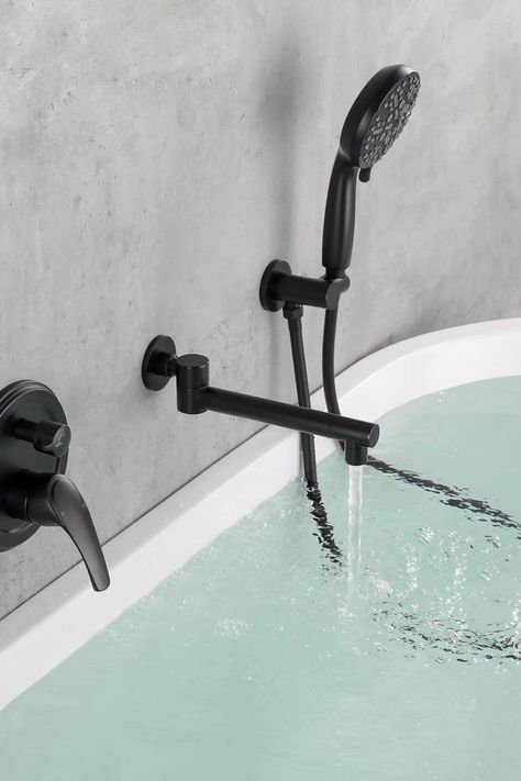 Destined to become the statement piece in your bathroom, this wall mount tub filler faucet has an appealing modern design and solid brass construction. Free Standing Bath Tub Wall Mount Faucet, Freestanding Bathtub Wall Mount Faucet, Freestanding Tub With Wall Mount Faucet, Bathtub Faucet With Sprayer, Tub Faucet With Sprayer, Tub Faucet Wall Mount, Bathtub Spout, Wall Mount Tub Faucet, Stand Alone Tub