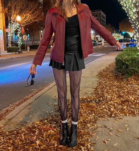 Flame Tights Outfit, Leather Jacket Fall Aesthetic, Autumn Outfits Red Leather Jacket, Red Dress And Jacket Outfit, Going Out In The City Outfit, Red Dress And Jacket, How To Style A Red Jacket, Maroon Fall Aesthetic, Eras Tour Outfits Fall