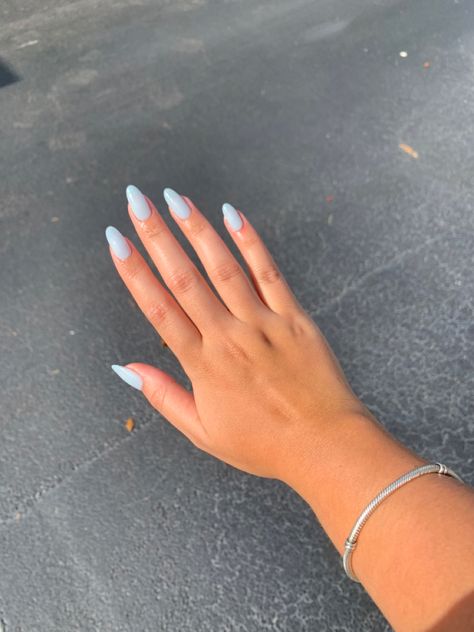 Sky blue nails 🫶🏼 Almond Shape Light Blue Nails, Gel Nails Sky Blue, Oval Nails Light Blue, Pastel Light Blue Nails, Nail Ideas Sky Blue, Almond Nails Sky Blue, Pastel Blue Nails Aesthetic, Light Blue Milky Nails, Acrylic Nails Ideas Light Blue