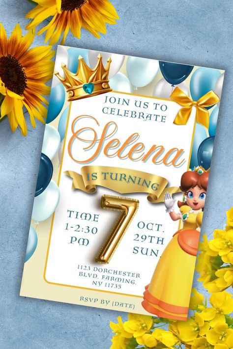 Show your family this beautiful PRINCESS Daisy from the Super Mario themed Birthday invitation for your child next birthday! This listing is an *INSTANT DOWNLOAD* that includes a self editable, printable template in high resolution. This listing includes the template shown with the background image for digital invites and template without background available for prints. Edit the template yourself using Canva, with your computer, smartphone or tablet. (computer or tablet preferably). You'll be a Daisy Birthday, Princess Daisy, Birthday Themed, Tablet Computer, Print Store, Printable Invitations, Digital Invitations, Digital Printables, Super Mario