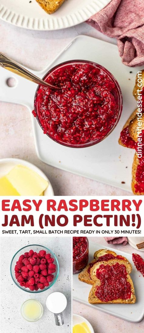 Easy Raspberry Jam recipe for homemade preserves with no added pectin! Small-batch jam made with fresh raspberries, sugar and lemon juice. Thermomix, Frozen Raspberry Jam Recipe, Jam Recipes No Pectin, Raspberry Jam No Pectin, Easy Raspberry Jam, Raspberry Freezer Jam, Easy Jam Recipe, Pectin Recipes, Fruit Jam Recipes