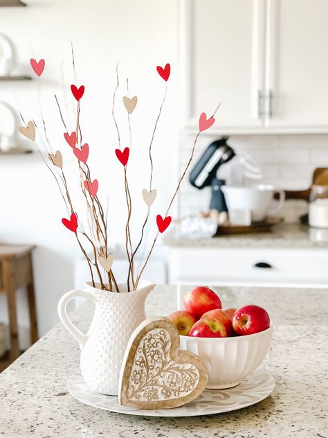 Simple DIY valentines day decor Organic Valentines Decor, Simple Diy Valentines Decor, Diy Valentines Garland Simple, February Decorations Diy, Valentine's Day Room Decor, Valentines Day Decorations Simple, Entry Table Valentines Decor, Simple Valentines Decorations, Valentine Boho Decor