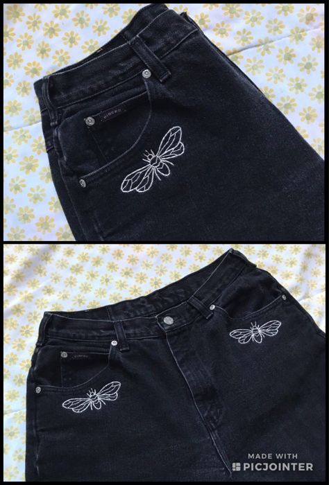 White Jeans Embroidery, Floral Painted Jeans, Embroidered Pants Diy, Black Jeans Embroidery, Embroider Pants, Grunge Embroidery, Embroidered Jeans Outfit, Hand Embroidered Clothes, Embroidery Jeans Diy